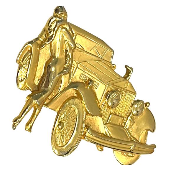 Gold Rolls Royce Brooch Pin 3" Long Designer Signed Parklane JJ Jonette Art Deco - Picture 3 of 7